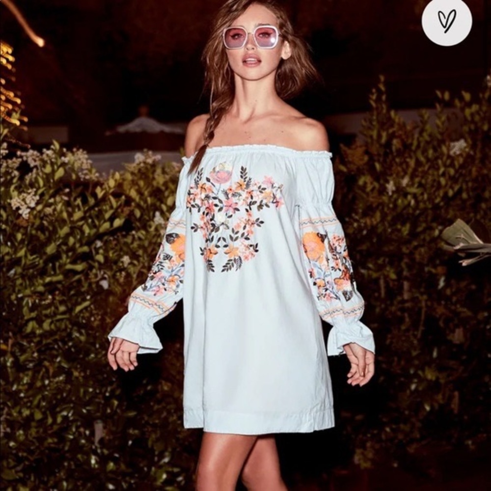 FREE PEOPLE Fleur Du Jour Blue Embroidered Dress